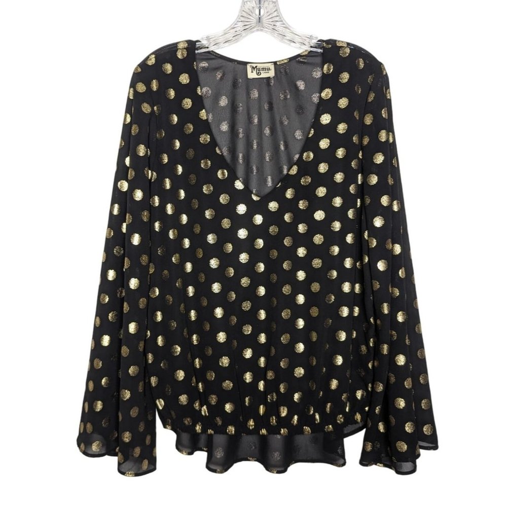 Show Me Your‎ Mumu black with gold polka dots long bell sleeves Flowly Tunic L - Picture 8 of 11